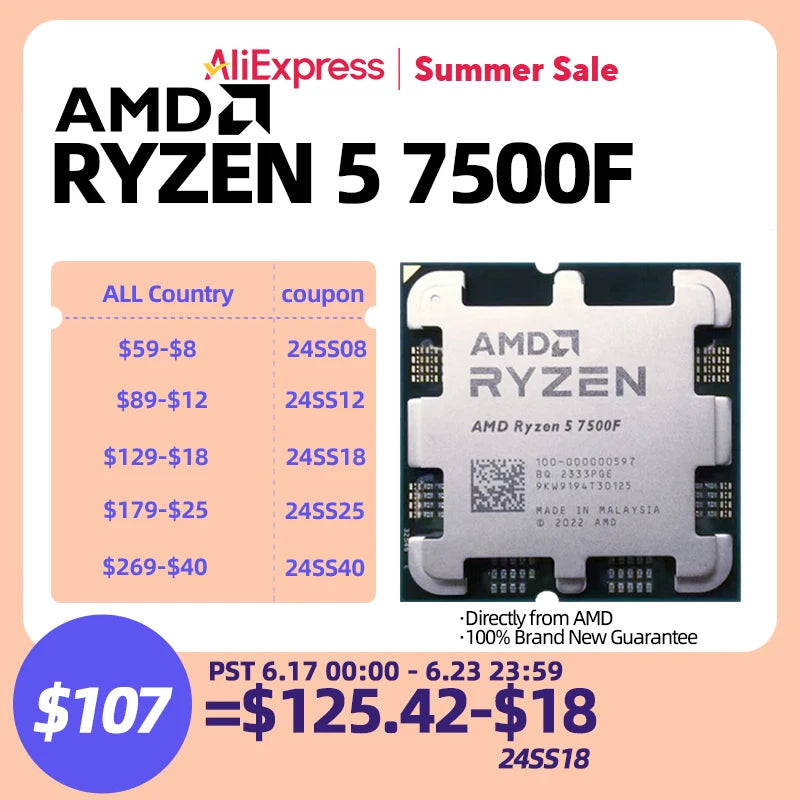 AMD RYZEN 5 7500F Brand New CPU Gaming Processor AMD R5 7500F 6-Core 12-Thread 5NM 38M Socket AM5 Without Fan Game Cache Hot