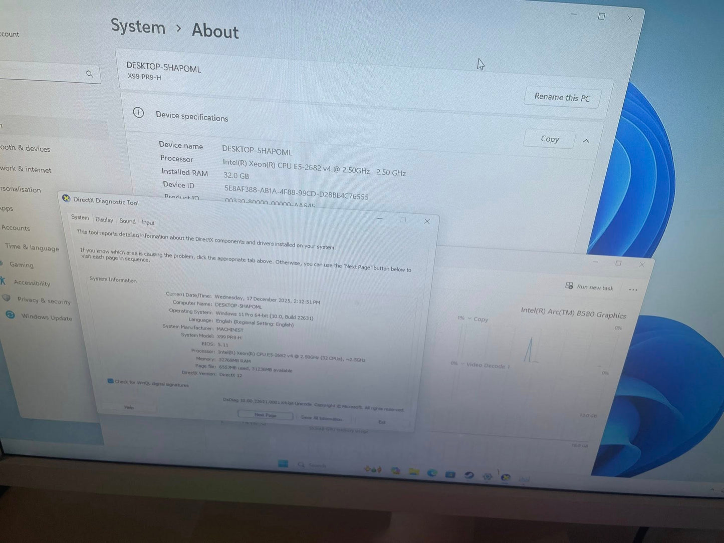 Intel Xeon 16 cores/ 32 threads | Intel B580 | 32 GB RAM